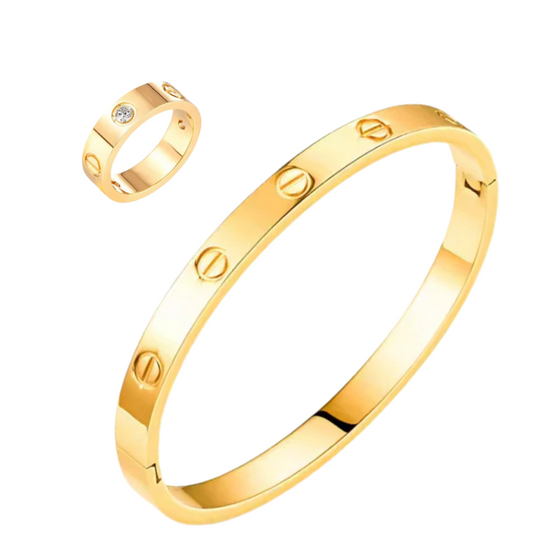 kärlek armband + ring med sten gold