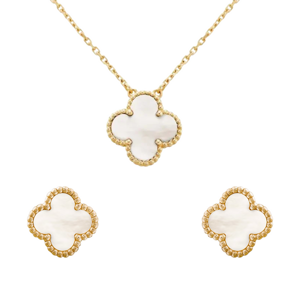 Fyrklöver halsband + örhänge vit